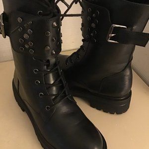 Two twin hearts women black leather combat stella boots US 7 Euro 38